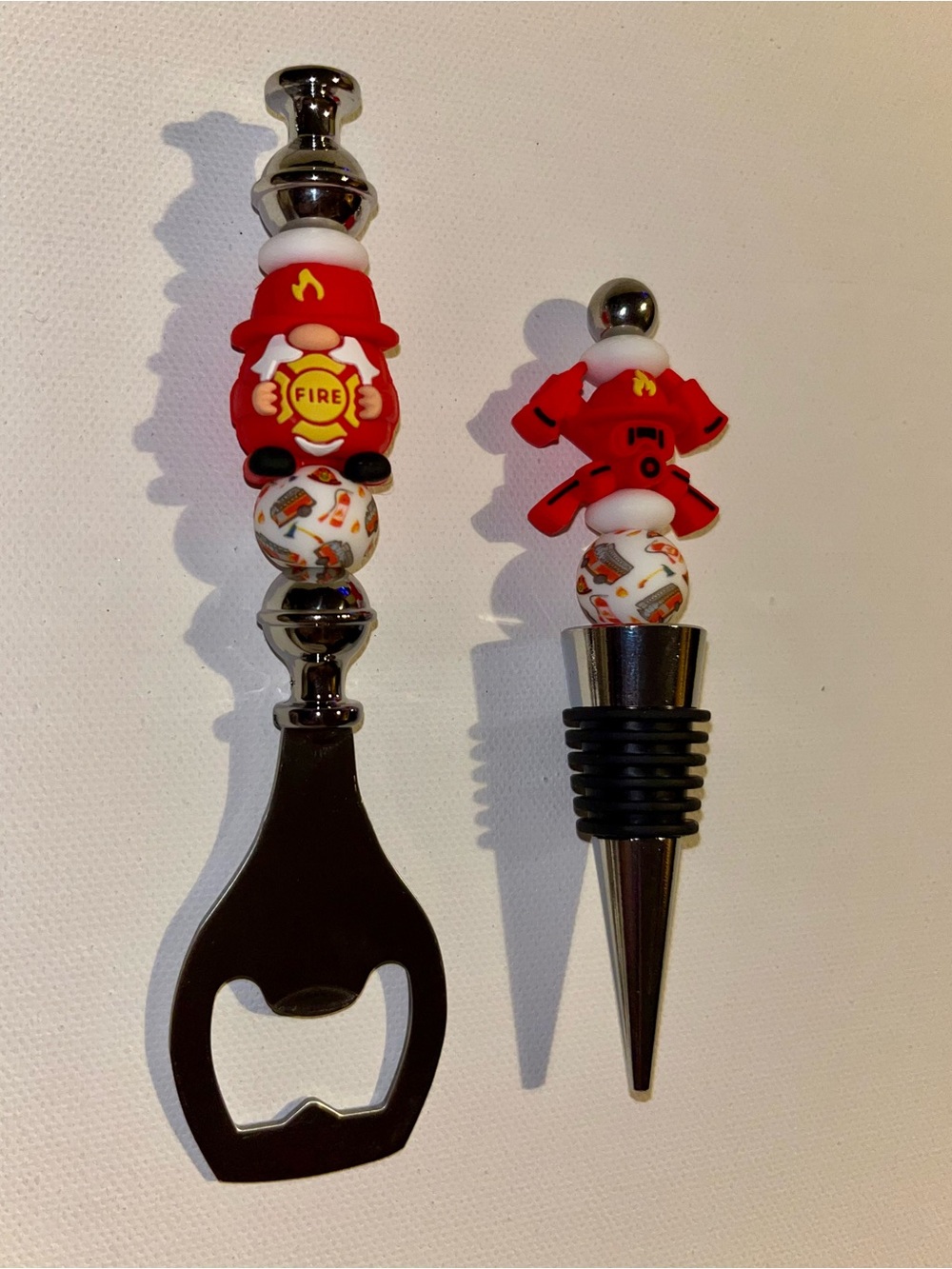 Red Firefighter-Themed Bottle Opener and Wine Stopper Set
